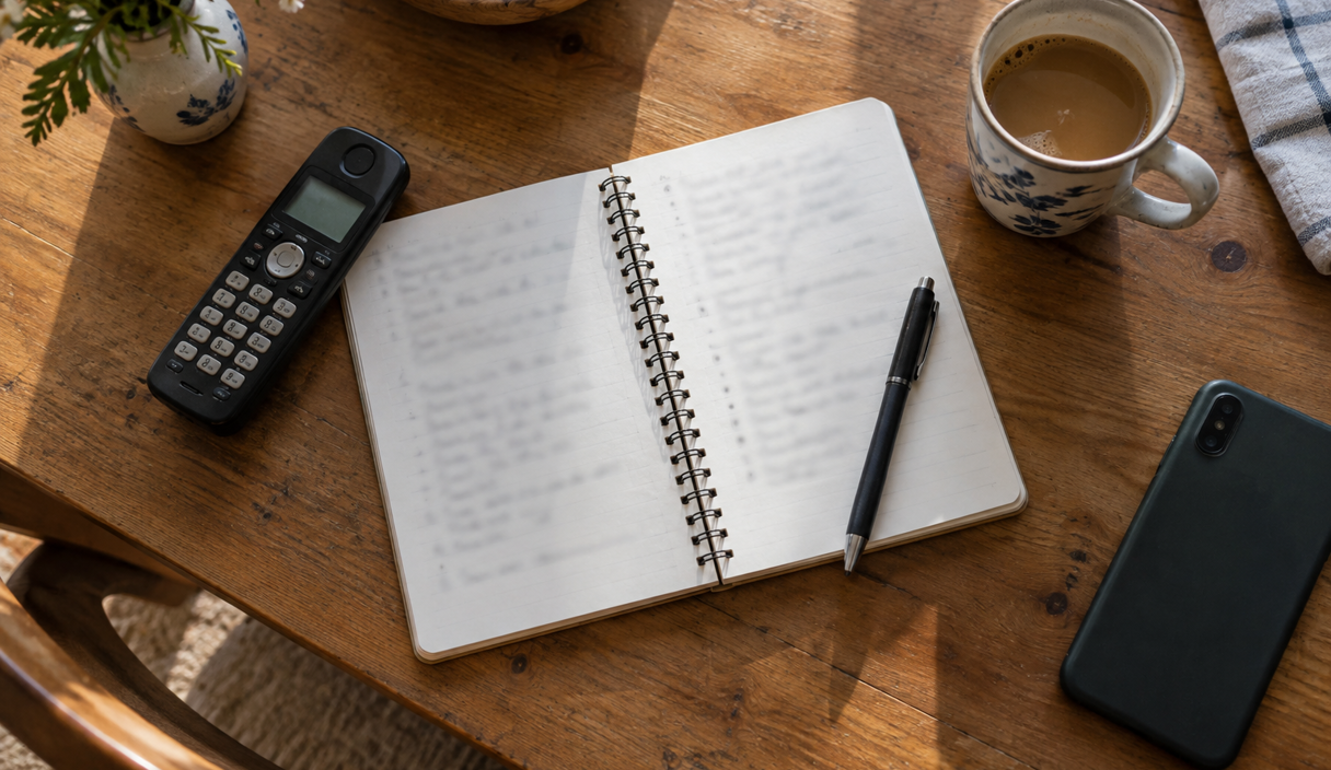 A notebook, a cordless phone and a mug on a kitchen table, seen from above
