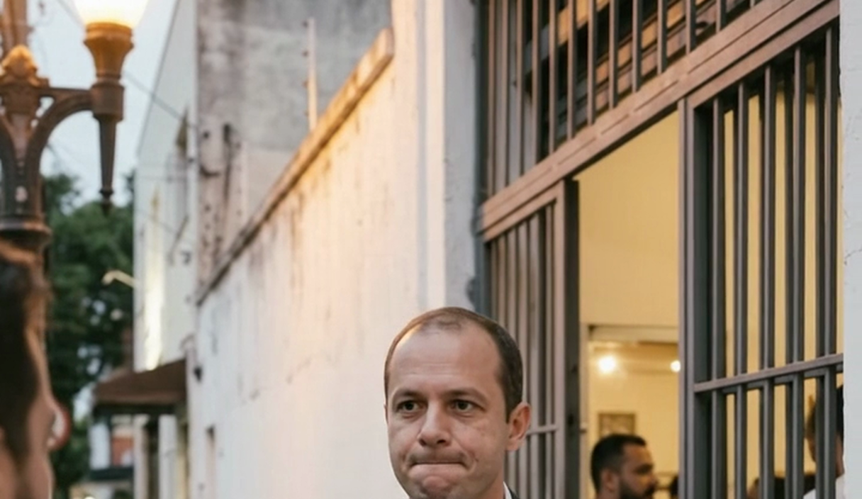 Rogério Prado parado na calçada em frente ao salão de festas