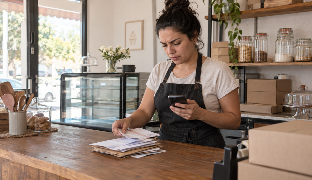 Vista de cima de uma mesa com celular, cartão, envelope, caixa de entrega e chaves Aposentada recebe ligação da Boleto proposta e cobranças depois de abrir o CNPJ: o que pagar e o que ignorar
