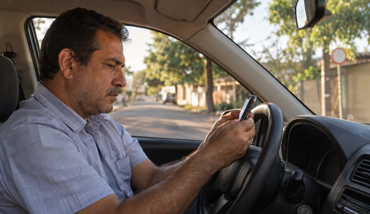 Vista de cima de uma mesa com celular, cartão, envelope, caixa de entrega e chaves Aposentada recebe ligação da Golpe da multa de trânsito falsa: como saber se a notificação é verdadeira e o que fazer