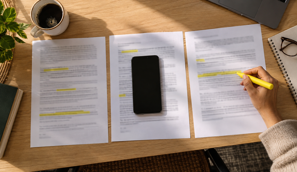 Vista de cima de uma mesa com celular, cartão, envelope, caixa de entrega e chaves Aposentada recebe ligação da Melhor seguro de celular: comparamos 9 seguros pelo contrato, pelas reclamações e pelo preço
