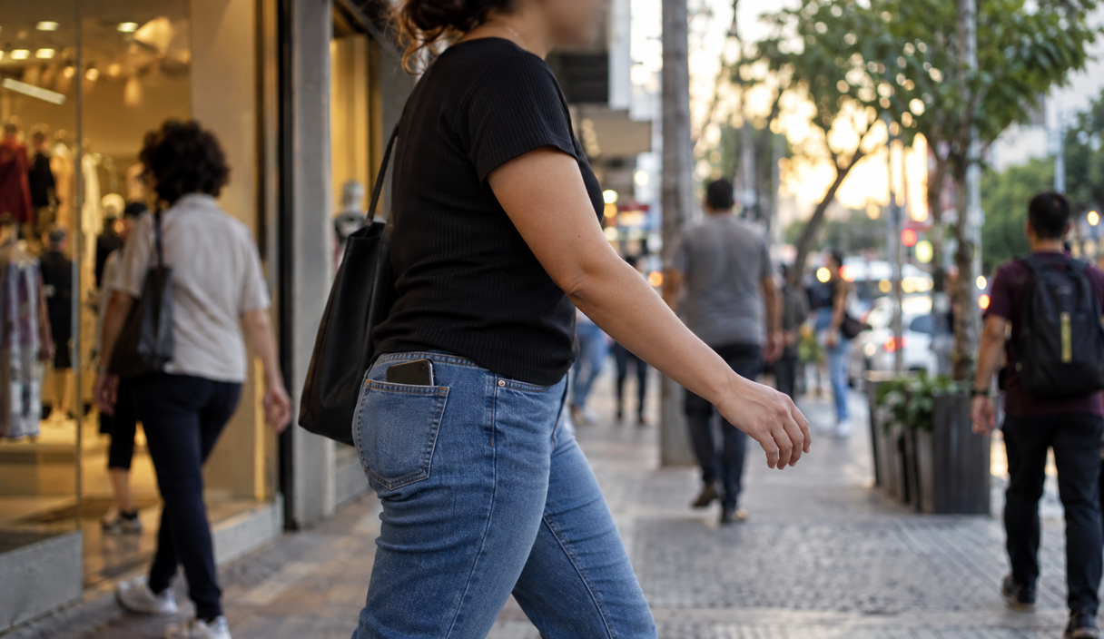 Pessoa caminhando numa rua comercial com o celular aparecendo para fora do bolso de trás da calça