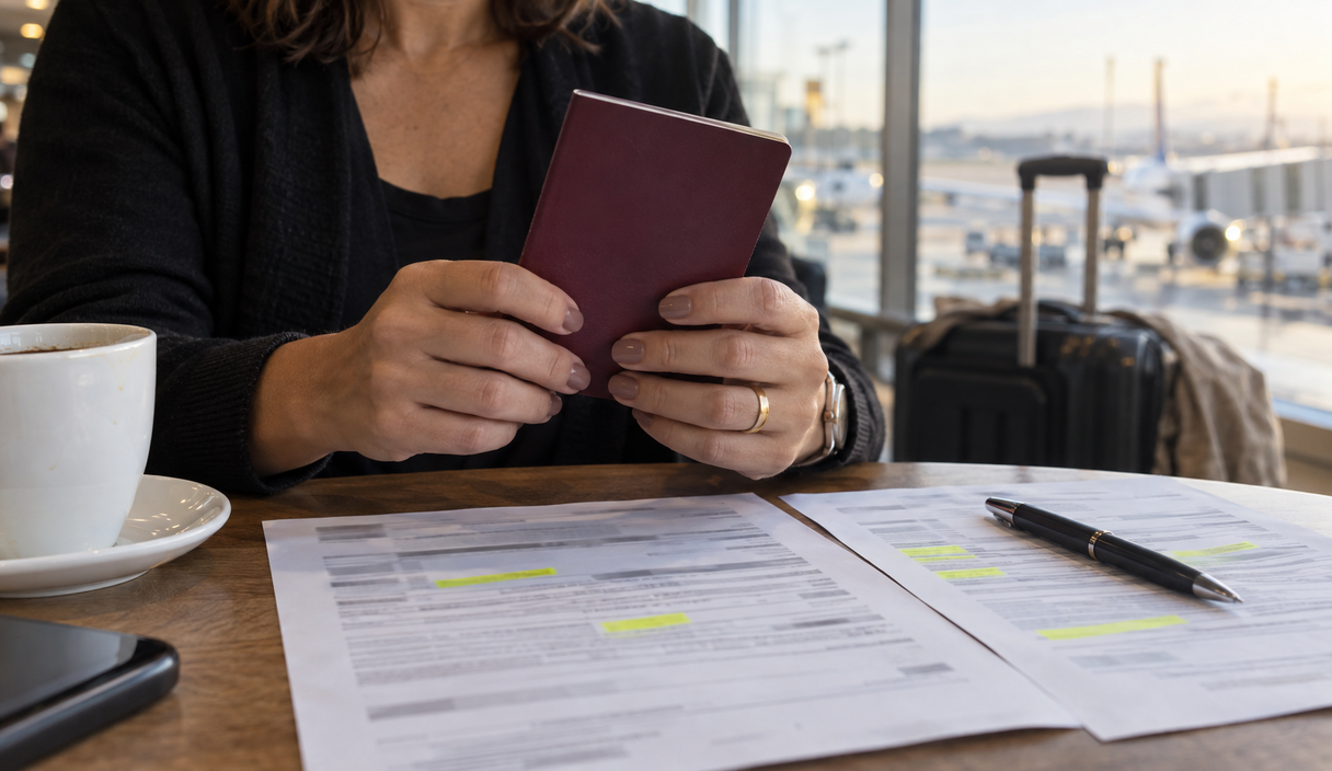 Vista de cima de uma mesa com celular, cartão, envelope, caixa de entrega e chaves Aposentada recebe ligação da Melhor seguro viagem: comparamos 10 seguros pelo contrato, pelas reclamações e pelo preço