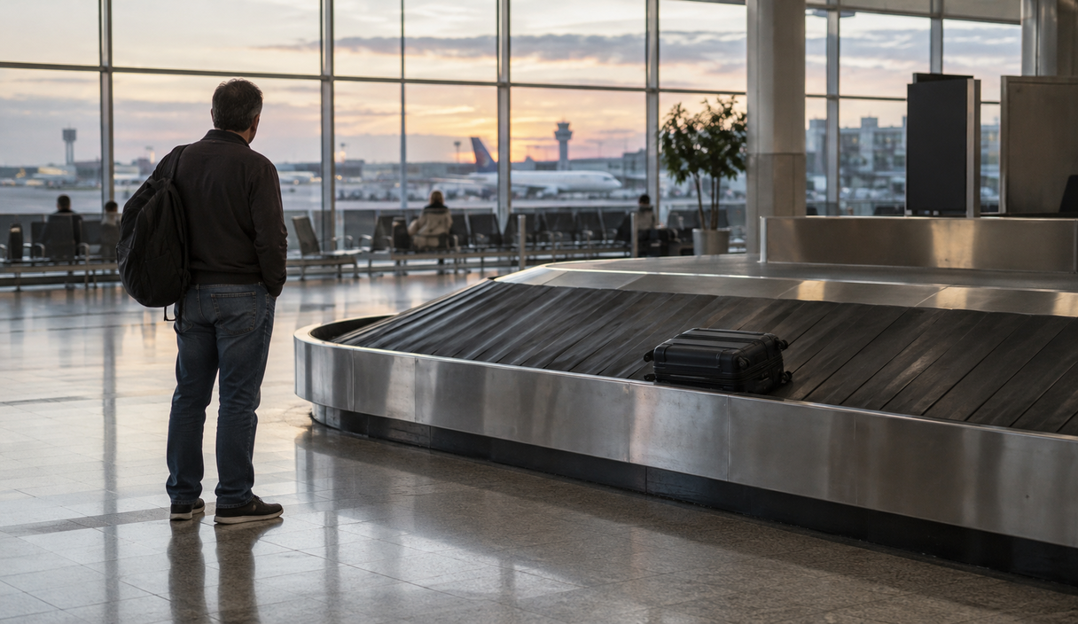 Homem de mochila espera ao lado de uma esteira de bagagem quase vazia num saguão de aeroporto